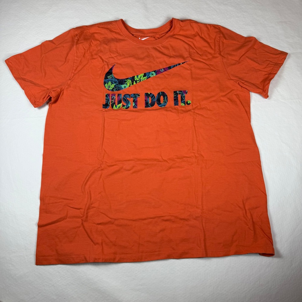 Nike Just‎ Do It Floral Swoosh Graphic T-Shirt Orange Mens XL Athletic Cut